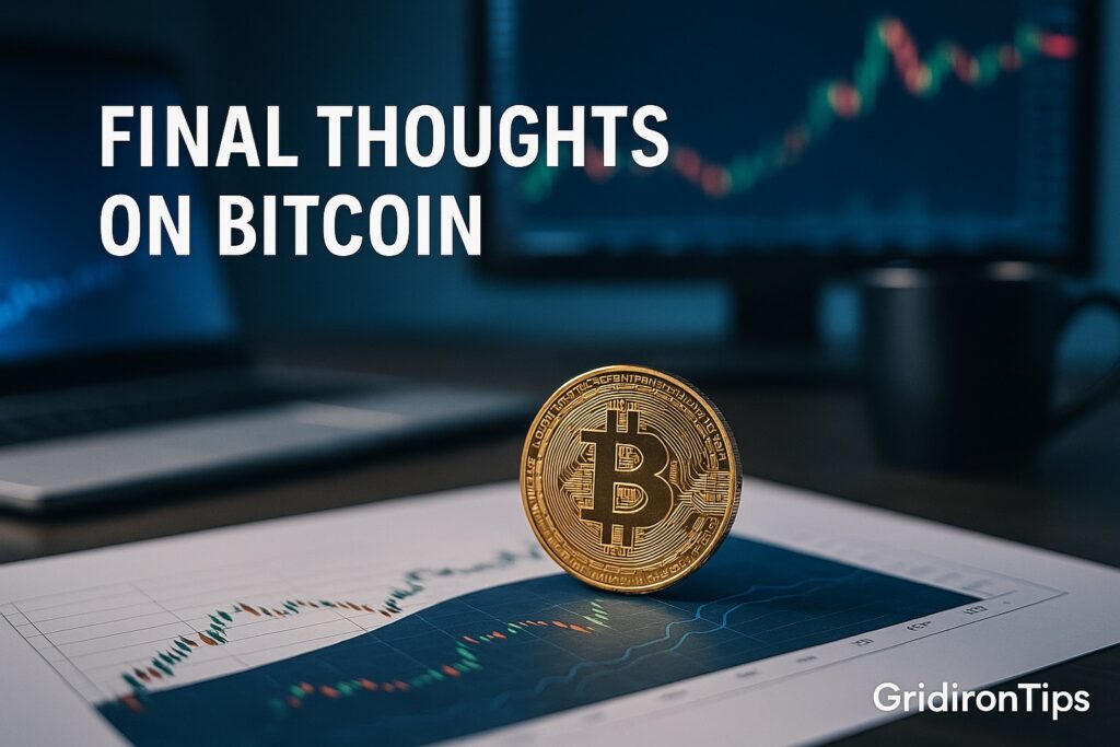 Realistic Bitcoin coin with financial data charts used for final thoughts section with GridironTips branding