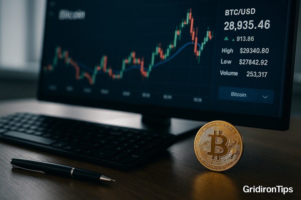 Realistic financial trading desk showing Bitcoin price analysis chart with candlesticks and GridironTips branding