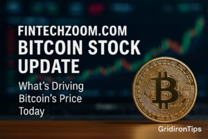 Fintechzoom.com Bitcoin Stock Update banner showing a realistic Bitcoin coin and financial chart with GridironTips branding
