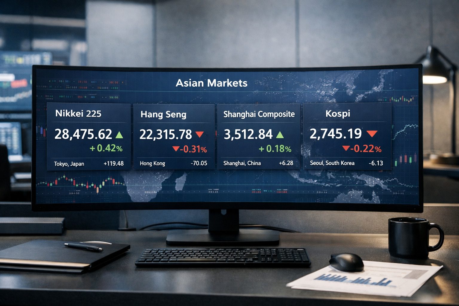 Asian stock market dashboard showing Nikkei 225 Hang Seng Shanghai Composite and Kospi performance